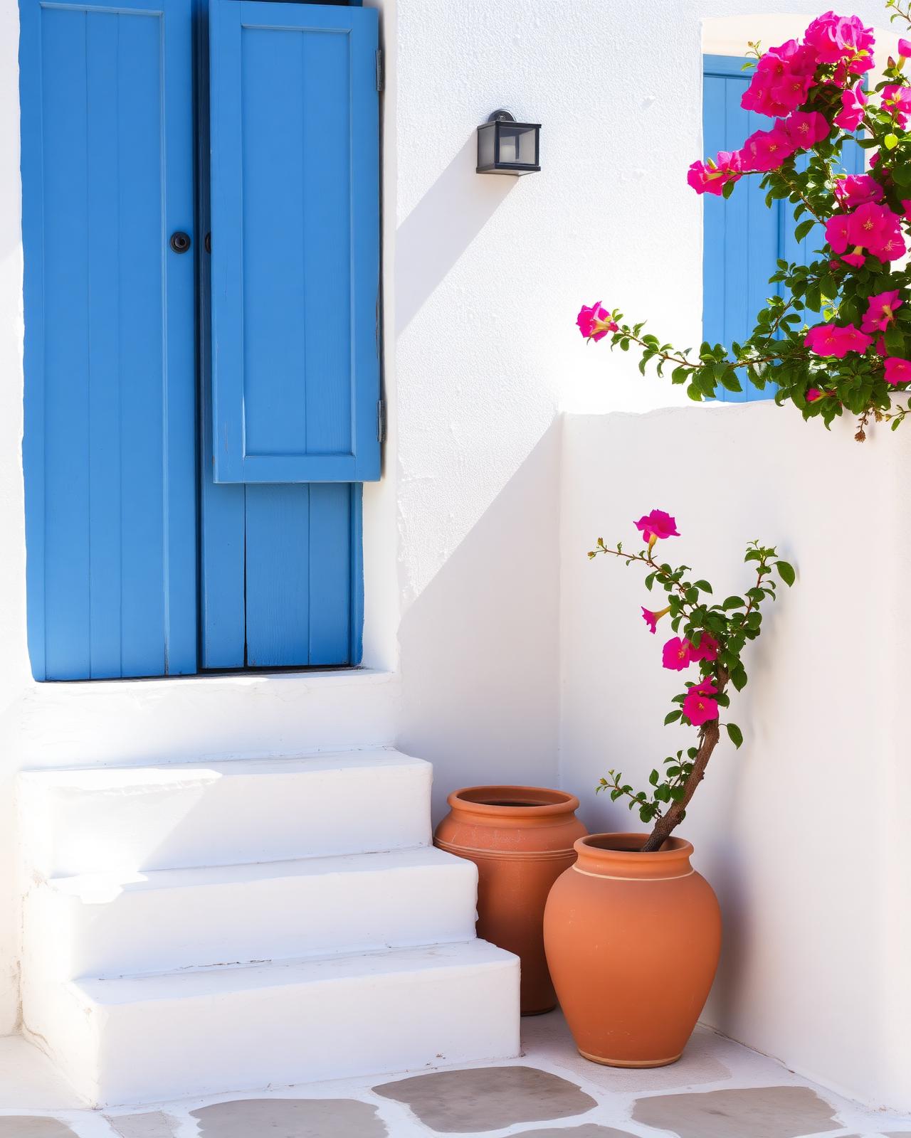 Terraza mediterránea blanca con buganvilla